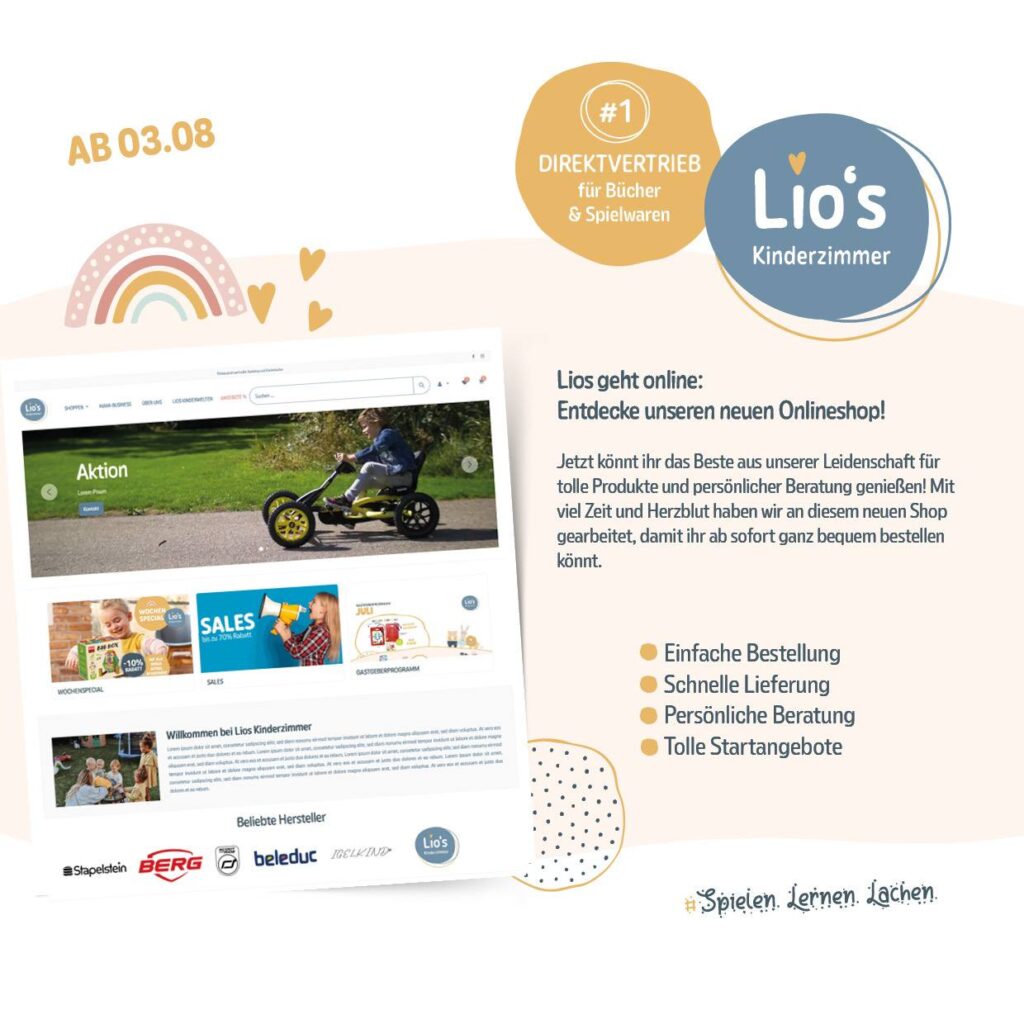 Screenshot des neues Lios Webshops mit freundlicher Einladung zu Lios Kinderzimmer Online Shop! Entdeckt die besten Produkte, persönliche Beratung, einfache online Bestellung, schnelle Lieferung und tolle Angebote.
